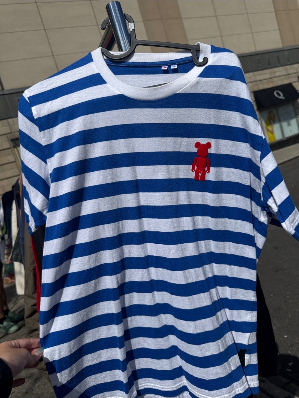 Uniqlo Medi Com Toy Blue & White Striped Tee with Velvet Red Bear Accent
